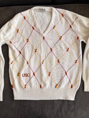 Vintage USC La Mode Sweater L Argyle Pattern Maroon & Gold V-Neck Long Sleeve
